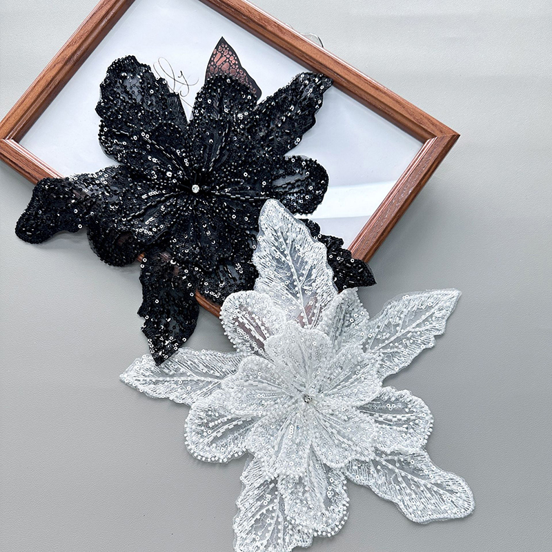 Applique Patch Flower - White Lace Sequin Beaded Flower Collar