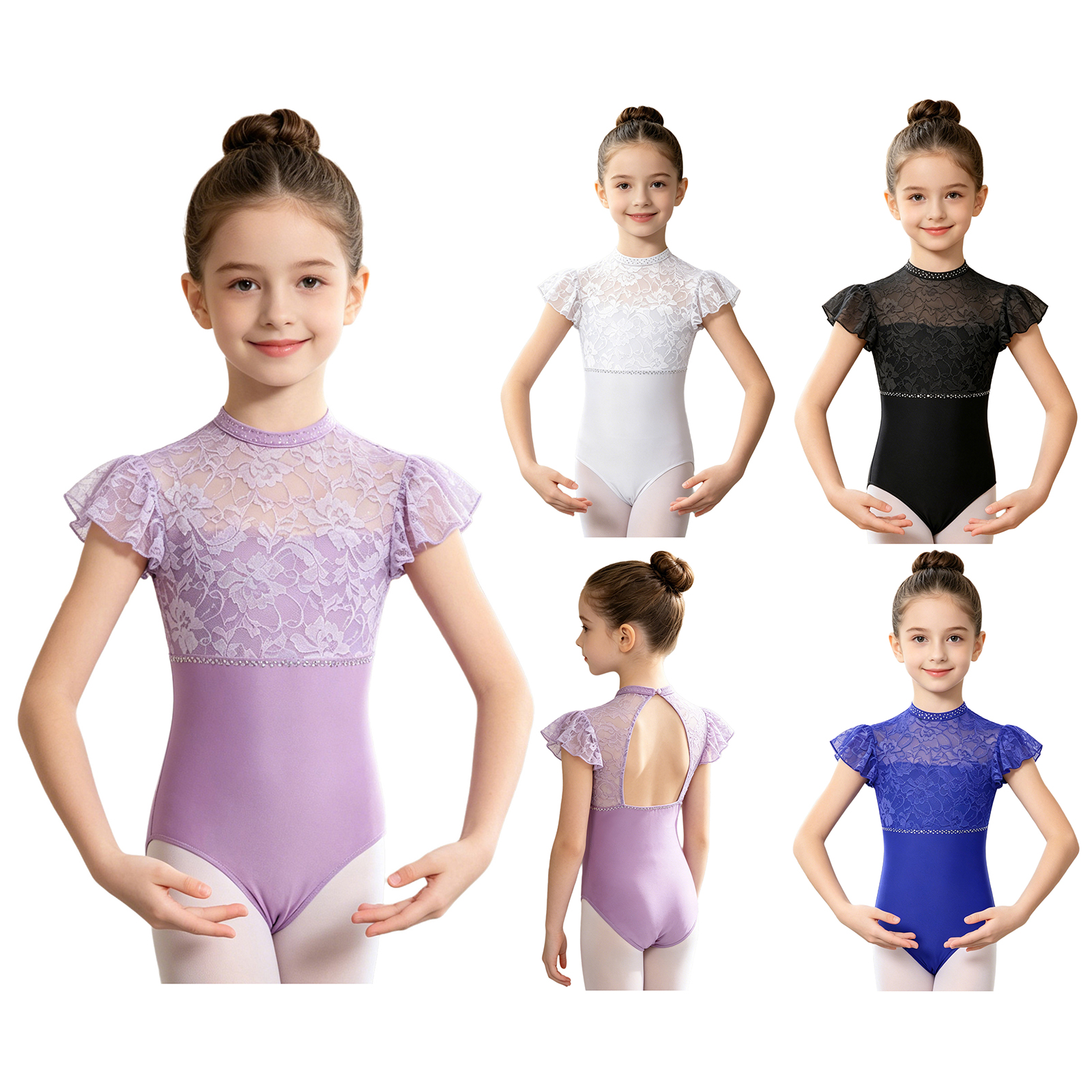 Kids Girls Ballet Dance Leotar - Rhinestone Banding Trim avaliação e preço