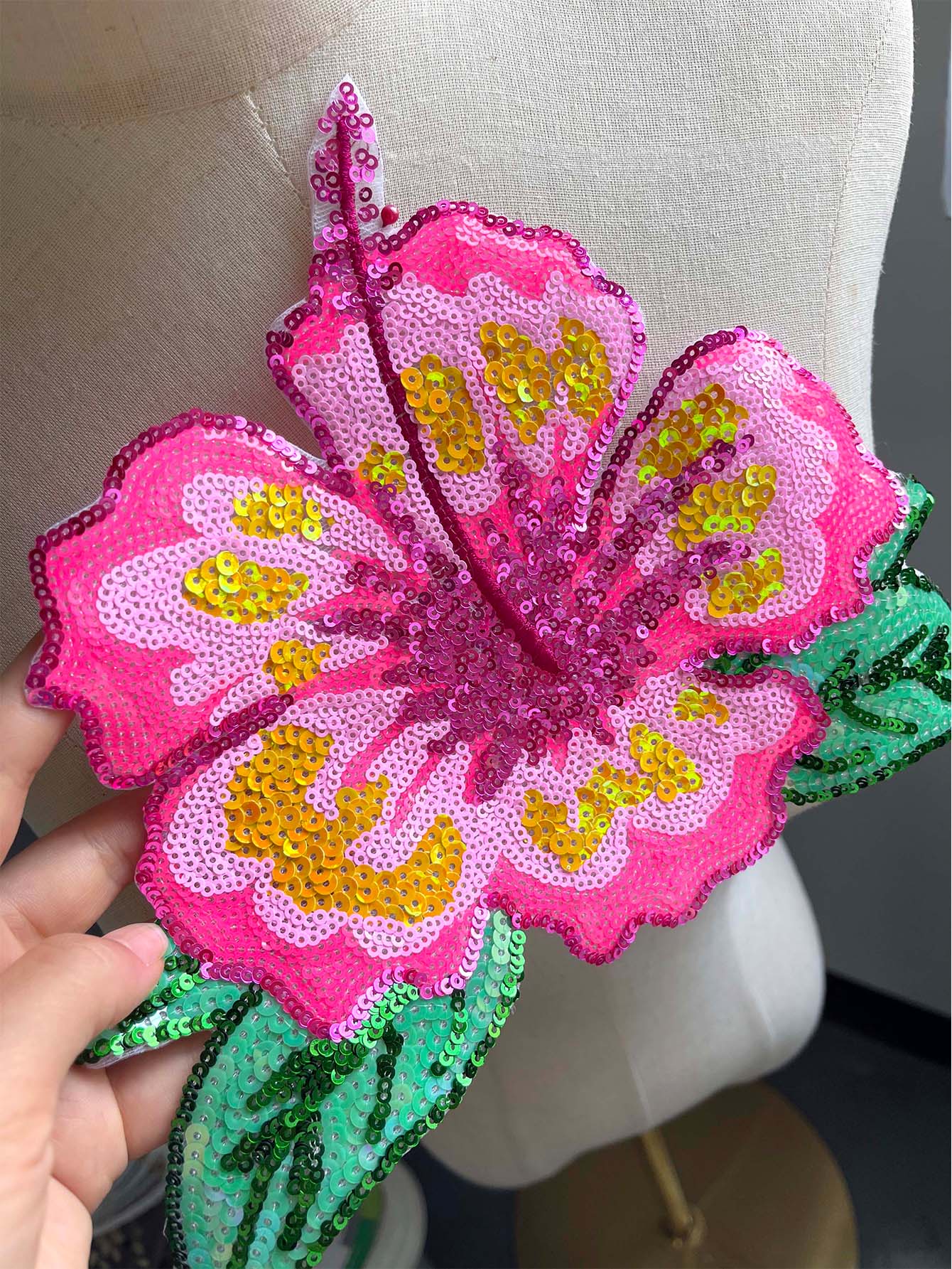1 Piece 26CM Shining Pink Sequ - Applique Patch Flower avaliação e preço
